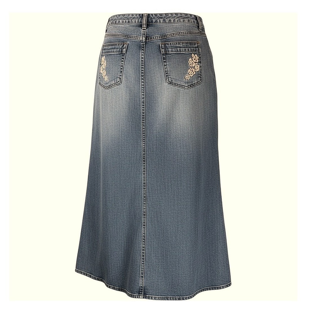 Emma James 16W Plus Denim Midi Skirt Flare A-Line Modest Embroidered Roses Boho